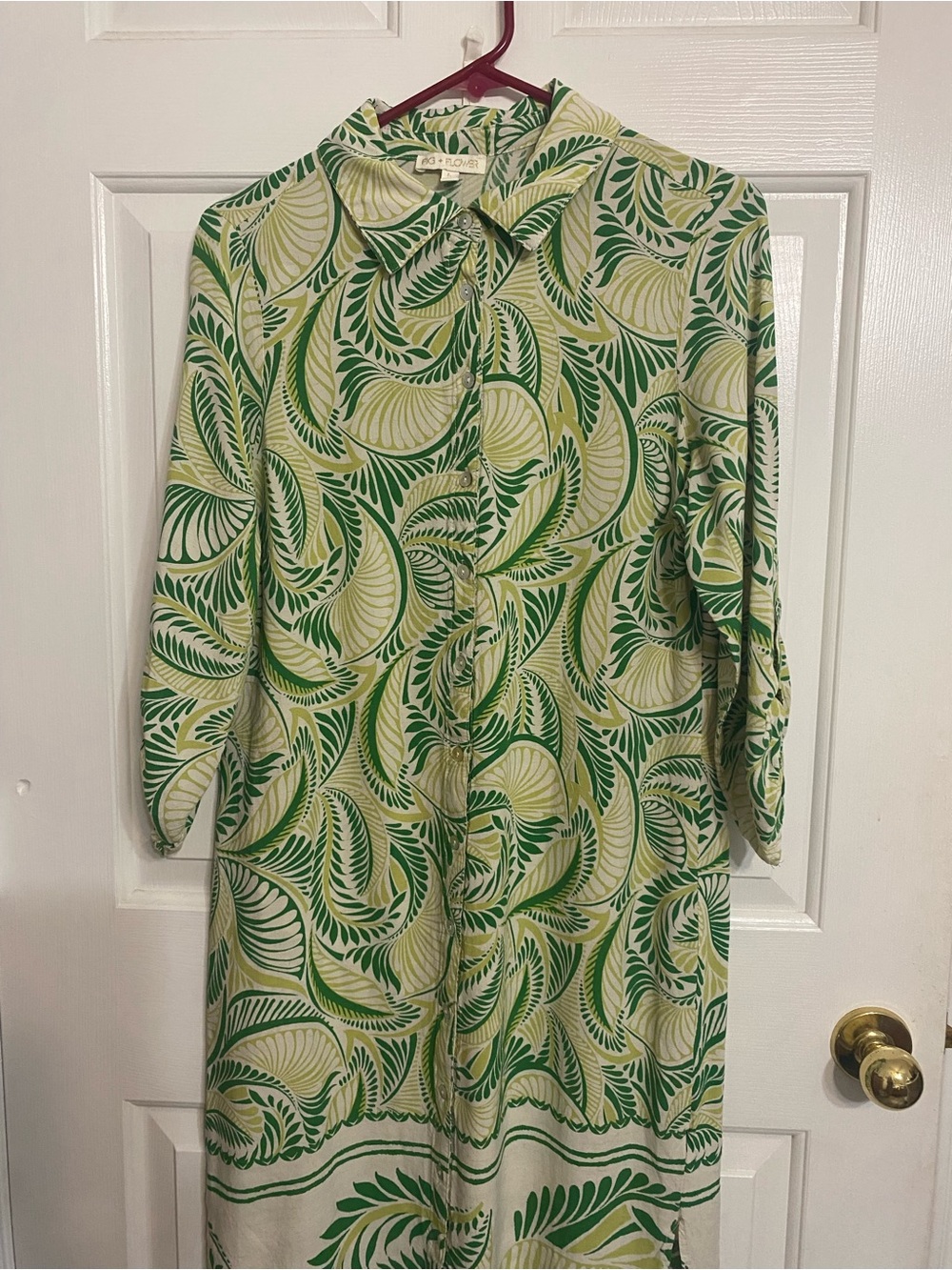 Fig and Flower Vintage Green Leaf Print Button-Front Dress